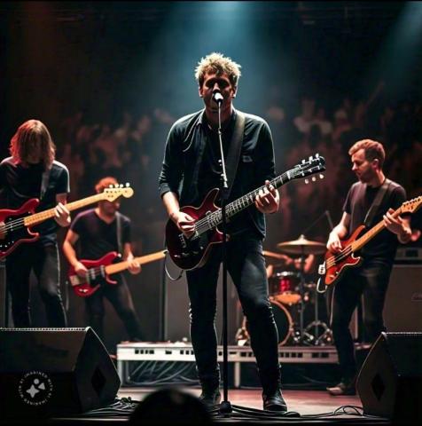 Spotlight on a lead singer with musicians behind him on stage Spotlight on a lead singer with musicians behind him on stage