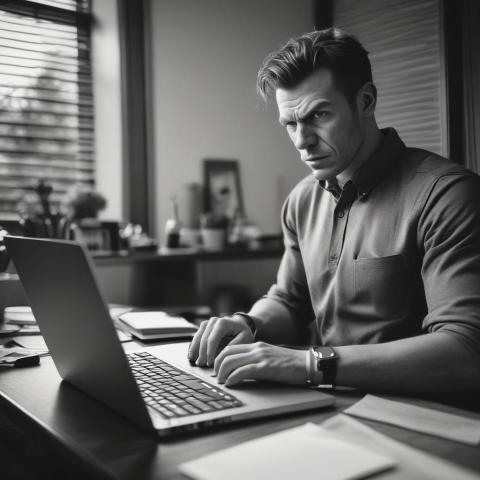 Man with angry facial expression typing on a laptop