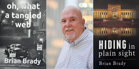 Brian Brady headshot in between the covers of his first two books