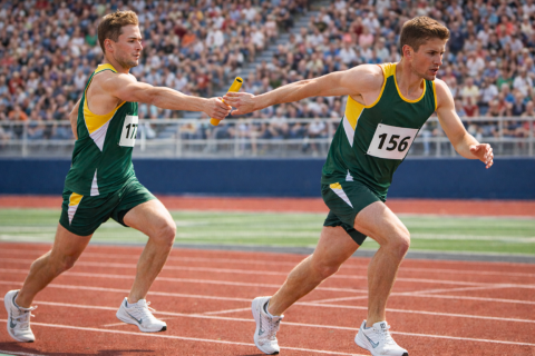 Two runners who are teammates out on the track with one passing the baton to the other