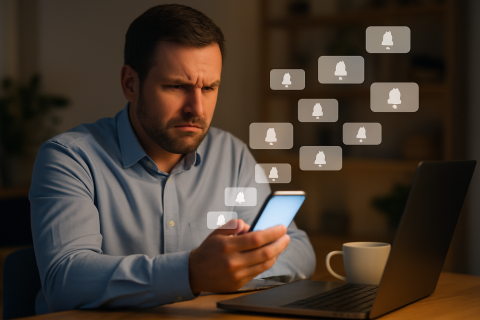 A frustrated man at a desk at night looking at his smartphone while a flurry of generic notifications hover around it