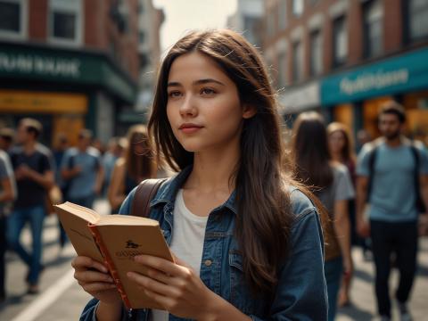 Girl on busy street corner holding book open with people behind her Girl on busy street corner holding book open with people behind her