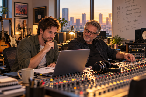 Two men sit in a recording studio environment looking satisfied and contemplative