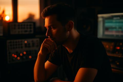 A creator sits thoughtfully with studio gear softly blurred in the background