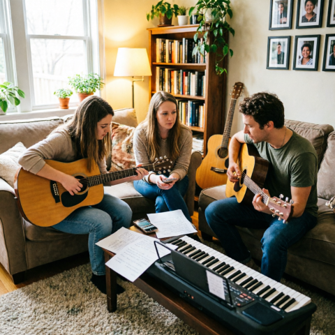 Two girls and a guy use two guitars and a digital piano to write a song together