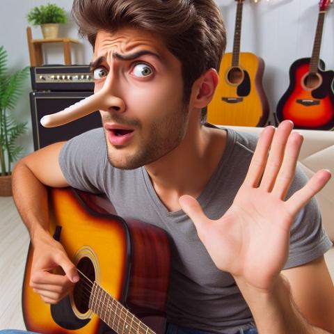 Male holding guitar with other hand raised and nose growing to imply lying Male holding guitar with other hand raised and nose growing to imply lying