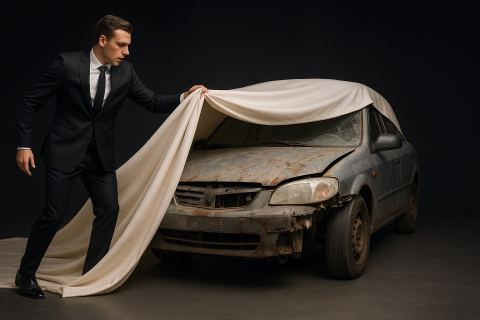 A sharp dressed man pulls back a sheet only to unveil a crappy car underneath it