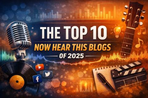 An image containing the title of the blog plus social media icons and a microphone, a vinyl record, the head of a guitar, and a pen and a notebook