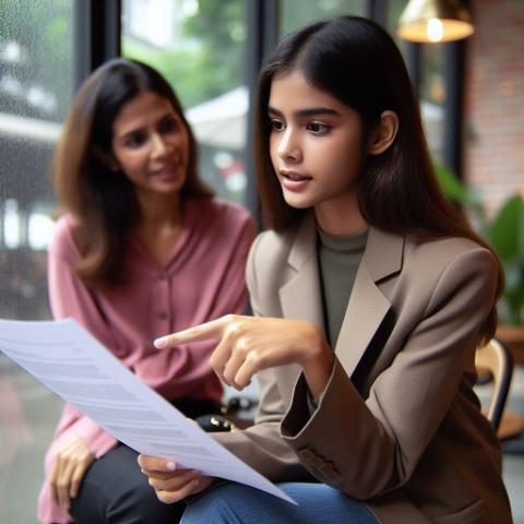 Seated next to another girl, a girl talks while pointing at a piece of paper Seated next to another girl, a girl talks while pointing at a piece of paper