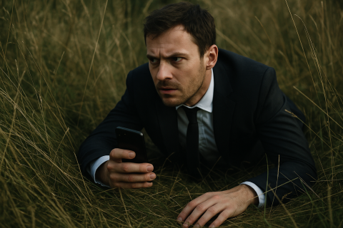 A male in a suit looks devious while crawling through the grass while holding a smartphone