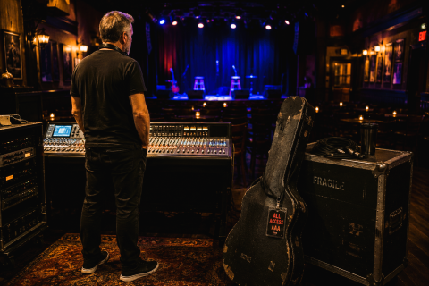 A sound engineer stands at a mixing console looking at the stage in an empty listening room