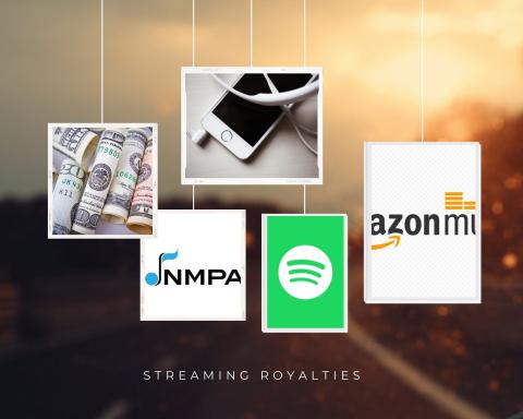 Collage of money, smartphone with earbuds, and three company logos Collage of money, smartphone with earbuds, and three company logos