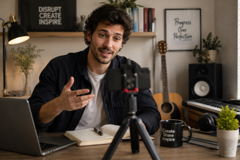 A creator sits in his home studio candidly recording a video on his phone