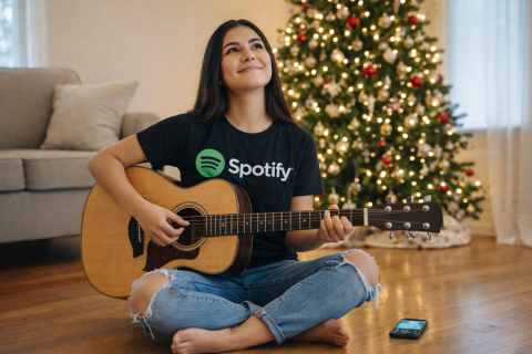 A girl sits cross legged on the floor holding a guitar looking upward smiling with a Christmas tree in the background
