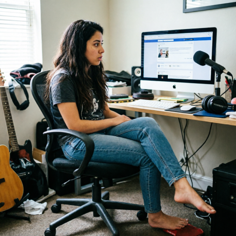 A girl sitting at her desk looks bewildered staring at Facebook on her computer screen