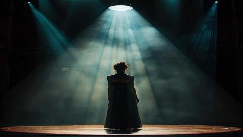 A female stands under a spotlight on stage in a seemingly empty concert hall